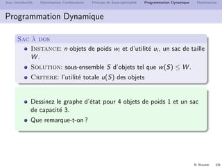 N. Brauner 325
Jeux introductifs Optimisation Combinatoire Principe de Sous-optimalit´e Programmation Dynamique Dominances
Plan
29 Jeux introductifs
30 Optimisation Combinatoire
31 Principe de Sous-optimalit´e
32 Programmation Dynamique
33 Dominances
 