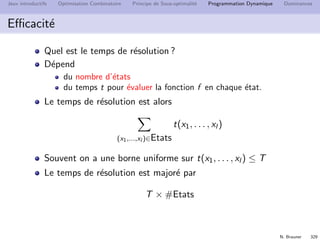N. Brauner 328
Jeux introductifs Optimisation Combinatoire Principe de Sous-optimalit´e Programmation Dynamique Dominances
Sac `a dos
Sac `a dos de taille 7, avec 4 objets
valeurs des objets 2 4 5 6
poids des objets 2 3 4 5
Calculer le tableau OPT
 