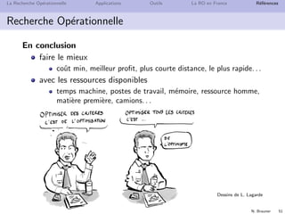 N. Brauner 50
La Recherche Op´erationnelle Applications Outils La RO en France R´ef´erences
Webographie
Collection de ressources pour la RO
http://www2.informs.org/Resources/
http://www.ensta.fr/~diam/ro/
Logiciels pour la RO
http://www.coin-or.org/resources.html
http://www.wior.uni-karlsruhe.de/bibliothek/
Blogs sur la RO
http://blog.vcu.edu/lamclay/
http://mat.tepper.cmu.edu/blog/
Des challenges industriels internationaux en RO
http://challenge.roadef.org/
 