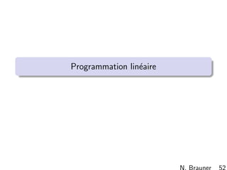 N. Brauner 51
La Recherche Op´erationnelle Applications Outils La RO en France R´ef´erences
Recherche Op´erationnelle
En conclusion
faire le mieux
coˆut min, meilleur proﬁt, plus courte distance, le plus rapide. . .
avec les ressources disponibles
temps machine, postes de travail, m´emoire, ressource homme,
mati`ere premi`ere, camions. . .
Dessins de L. Lagarde
 