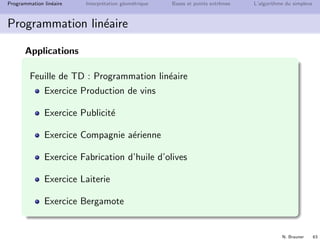 N. Brauner 62
Programmation lin´eaire Interpr´etation g´eom´etrique Bases et points extrˆemes L’algorithme du simplexe
Programmation lin´eaire
Vocabulaire
xi variable de d´ecision du probl`eme
x = (x1, . . . , xn) solution r´ealisable (admissible)
ssi elle satisfait toutes les contraintes
ensemble des solutions r´ealisables = domaine ou r´egion
admissible
x = (x1, . . . , xn) solution optimale
ssi elle est r´ealisable et optimise la fonction-objectif
contraintes in´egalit´e ou ´egalit´e lin´eaire
a11x1 + a12x2 . . . + a1nxn ≤ b1
a21x1 + a22x2 . . . + a2nxn ≥ b2
a31x1 + a32x2 . . . + a3nxn = b3
fonction objectif (ou fonction ´economique) lin´eaire
max / min c1x1 + c2x2 . . . + cnxn
 