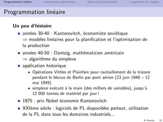 N. Brauner 69
Programmation lin´eaire Interpr´etation g´eom´etrique Bases et points extrˆemes L’algorithme du simplexe
Programmation lin´eaire
Lin´eariser un probl`eme non lin´eaire
Feuille de TD : Programmation lin´eaire
Exercice Lin´earisation
 