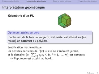 N. Brauner 75
Programmation lin´eaire Interpr´etation g´eom´etrique Bases et points extrˆemes L’algorithme du simplexe
Interpr´etation g´eom´etrique
G´eom´etrie d’un PL
L’ensemble des solutions r´ealisables est toujours
un poly`edre (intersection de demi-espaces)
Les lignes de niveau {f = constante} de la fonction-objectif f sont
des hyperplans aﬃnes (n = 2 ⇒ droite, n = 3 ⇒ plan...)
 