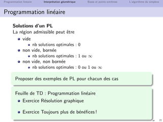 N. Brauner 76
Programmation lin´eaire Interpr´etation g´eom´etrique Bases et points extrˆemes L’algorithme du simplexe
Interpr´etation g´eom´etrique
G´eom´etrie d’un PL
Optimum atteint au bord
L’optimum de la fonction-objectif, s’il existe, est atteint en (au
moins) un sommet du poly`edre.
Justiﬁcation math´ematique :
les d´eriv´ees partielles de f (x) = c.x ne s’annulent jamais,
et le domaine {x | n
j=1 aij xj ≤ bi , i = 1, . . . , m} est compact
⇒ l’optimum est atteint au bord...
 