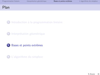 N. Brauner 77
Programmation lin´eaire Interpr´etation g´eom´etrique Bases et points extrˆemes L’algorithme du simplexe
Programmation lin´eaire
Solutions d’un PL
La r´egion admissible peut ˆetre
vide
nb solutions optimales : 0
non vide, born´ee
nb solutions optimales : 1 ou ∞
non vide, non born´ee
nb solutions optimales : 0 ou 1 ou ∞
Proposer des exemples de PL pour chacun des cas
Feuille de TD : Programmation lin´eaire
Exercice R´esolution graphique
Exercice Toujours plus de b´en´eﬁces !
 