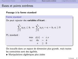 N. Brauner 86
Programmation lin´eaire Interpr´etation g´eom´etrique Bases et points extrˆemes L’algorithme du simplexe
Bases et points extrˆemes
Rappels
max z = cx
s.c. Ax ≤ b
x ≥ 0
A matrice m × n
x = (x1 x2 . . . xn)
b = (b1 b2 . . . bm)
c = (c1 c2 . . . cn)
Les contraintes d´eﬁnissent un poly`edre
La solution optimale est un sommet du poly`edre
Comment ´enum´erer les sommets d’un poly`edre ?
 