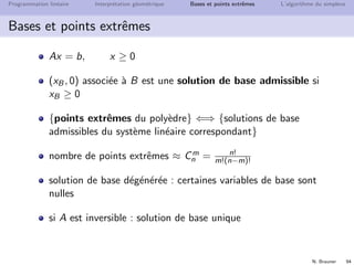 N. Brauner 93
Programmation lin´eaire Interpr´etation g´eom´etrique Bases et points extrˆemes L’algorithme du simplexe
Bases et points extrˆemes
Base et solution de base



e1 = 8 − 2x − y
e2 = 7 − x − 2y
e3 = 3 − y
on met les variables hors base `a 0
on en d´eduit les valeur des variables de base
x = y = 0 ⇒



e1 = 8 − 2x − y = 8
e2 = 7 − x − 2y = 7
e3 = 3 − y = 3
 