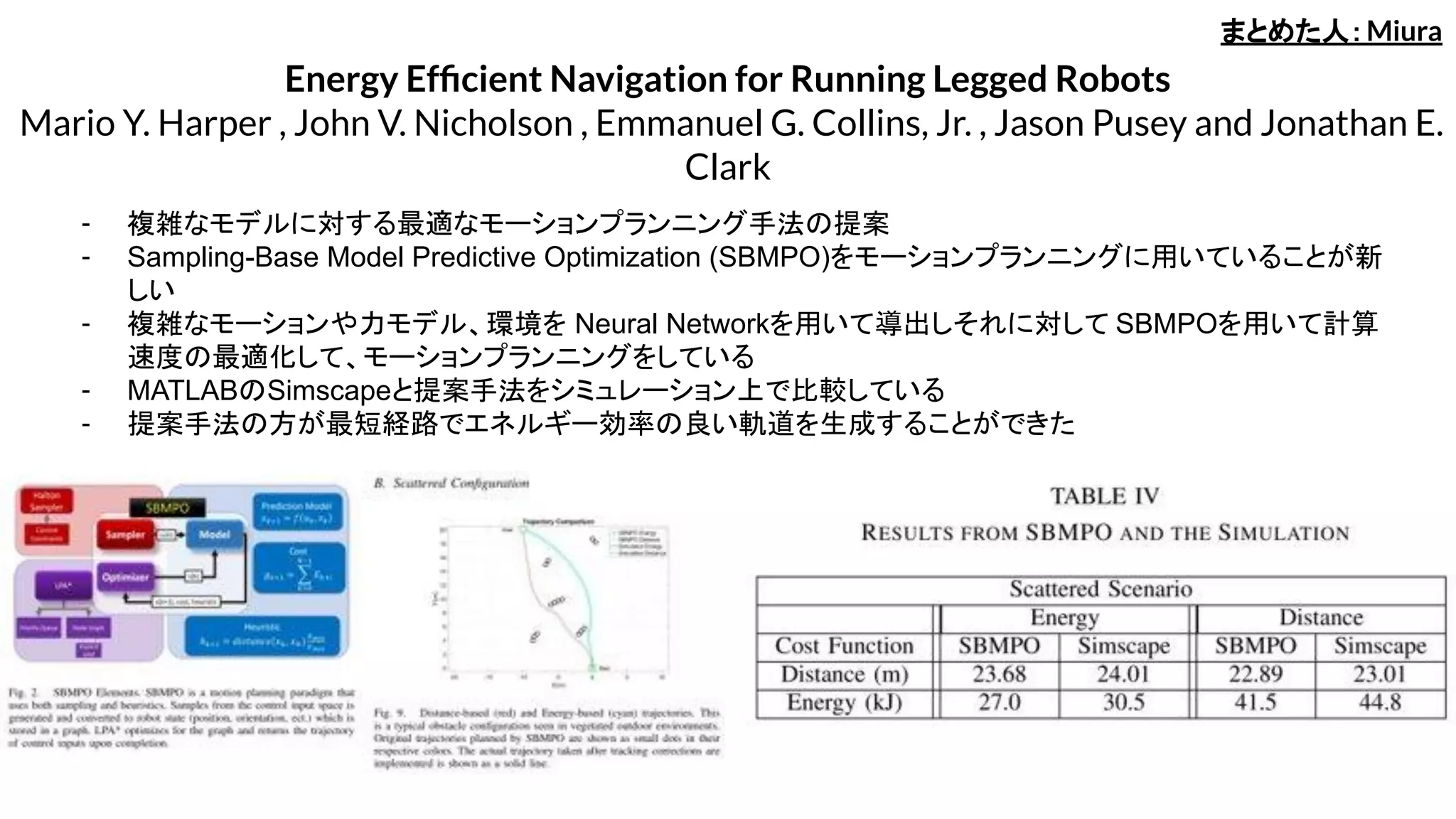 Energy Efﬁcient Navigation for Running Legged Robots
Mario Y. Harper , John V. Nicholson , Emmanuel G. Collins, Jr. , Jason Pusey and Jonathan E.
Clark
- 複雑なモデルに対する最適なモーションプランニング手法の提案
- Sampling-Base Model Predictive Optimization (SBMPO)をモーションプランニングに用いていることが新
しい
- 複雑なモーションや力モデル、環境を Neural Networkを用いて導出しそれに対して SBMPOを用いて計算
速度の最適化して、モーションプランニングをしている
- MATLABのSimscapeと提案手法をシミュレーション上で比較している
- 提案手法の方が最短経路でエネルギー効率の良い軌道を生成することができた
まとめた人：Miura
 
