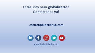 Estás listo para globalizarte?
Contáctanos ya!
contact@bizlatinhub.com
www.bizlatinhub.com
 