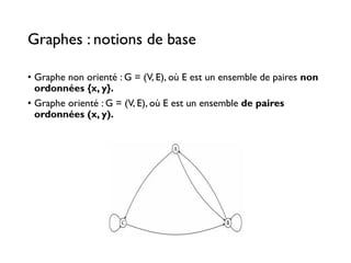 Graphes : notions de base
• Graphe non orienté : G = (V, E), où E est un ensemble de paires non
ordonnées {x, y}.
• Graphe orienté : G = (V, E), où E est un ensemble de paires
ordonnées (x, y).
 