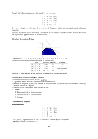 Exemple 6 (Production de peinture). Prenons B = {s1, s2, s3, s4}.
z = 0 +5x1 +4x2
s1 = 24 −6x1 −4x2
s2 = 6 −x1 −2x2
s3 = 2 −x2
s4 = 1 +x1 −x2
Si x1 = x2 = 0, alors s1 = 24, s2 = 6, s3 = 2, s4 = 1. Toutes ces valeurs sont non-négatives et la solution est
réalisable.
Déﬁnition 8 (Solution de base réalisable). Une solution de base telle que toutes les variables prennent des valeurs
non-négatives est appelée solution de base réalisable.
Géométrie des solutions de base
A
B
C D
E
F
– Prenons B = {s1, s2, s3, s4} ⇒ x1 = x2 = 0, s1 = 24, s2 = 6, s3 = 2, s4 = 1.
– Cette solution de base réalisable correspond au sommet (0, 0).
Base Solution Objectif Sommet
{s1, s2, s3, s4} (0, 0) 0 A
{x1, s2, s3, s4} (4, 0) 20 F
{s1, x1, s3, s4} (6, 0) − Non réalisable
{x1, x2, s3, s4} (3, 1.5) 21 E
Théorème 2. Toute solution de base réalisable correspond à un sommet du polyèdre.
Détermination de la solution de base optimale
– Nombre maximum de solutions de base : n!
m!(n−m)!
– Algorithme "bête et méchant" : énumération de toutes les bases.
– Méthode du simplexe : partir d’une solution de base admissible et passer à une solution de base voisine qui
améliore la valeur de l’objectif.
– Solution voisine : changement d’une variable en base.
– 3 etapes :
1. Détermination de la variable entrante.
2. Détermination de la variable sortante.
3. Pivotage.
L’algorithme du simplexe
Variable entrante
z = 0 +5x1 +4x2
s1 = 24 −6x1 −4x2
s2 = 6 −x1 −2x2
s3 = 2 −x2
s4 = 1 +x1 −x2
– Si x1 (ou x2) augmente (entre en base), la valeur de la fonction objectif z augmente.
– Quelle est la valeur maximale de x1 ?
13
 