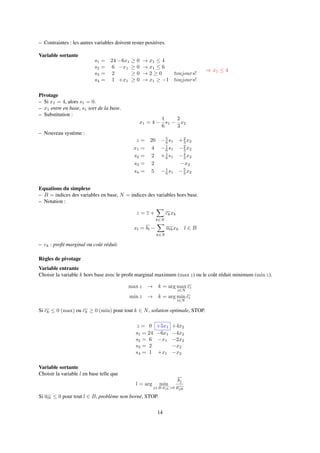 – Contraintes : les autres variables doivent rester positives.
Variable sortante
s1 = 24 −6x1 ≥ 0 → x1 ≤ 4
s2 = 6 −x1 ≥ 0 → x1 ≤ 6
s3 = 2 ≥ 0 → 2 ≥ 0 toujours!
s4 = 1 +x1 ≥ 0 → x1 ≥ −1 toujours!
⇒ x1 ≤ 4
Pivotage
– Si x1 = 4, alors s1 = 0.
– x1 entre en base, s1 sort de la base.
– Substitution :
x1 = 4 −
1
6
s1 −
2
3
x2
– Nouveau système :
z = 20 −5
6 s1 +2
3 x2
x1 = 4 −1
6 s1 −2
3 x2
s2 = 2 +1
6 s1 −4
3 x2
s3 = 2 −x2
s4 = 5 −1
6 s1 −5
3 x2
Equations du simplexe
– B = indices des variables en base, N = indices des variables hors base.
– Notation :
z = z +
k∈N
ckxk
xl = bl −
k∈N
alkxk l ∈ B
– ck : proﬁt marginal ou coût réduit.
Règles de pivotage
Variable entrante
Choisir la variable k hors base avec le proﬁt marginal maximum (max z) ou le coût réduit minimum (min z).
max z → k = arg max
i∈N
ci
min z → k = arg min
i∈N
ci
Si ck ≤ 0 (max) ou ck ≥ 0 (min) pour tout k ∈ N, solution optimale, STOP.
z = 0 +5x1 +4x2
s1 = 24 −6x1 −4x2
s2 = 6 −x1 −2x2
s3 = 2 −x2
s4 = 1 +x1 −x2
Variable sortante
Choisir la variable l en base telle que
l = arg min
j∈B:ajk>0
bj
ajk
Si alk ≤ 0 pour tout l ∈ B, problème non borné, STOP.
14
 