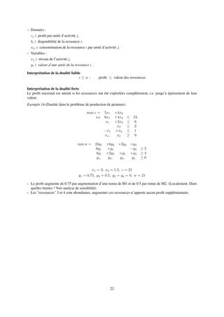 – Données :
cj : proﬁt par unité d’activité j.
bi : disponibilité de la ressource i.
aij : consommation de la ressource i par unité d’activité j.
– Variables :
xj : niveau de l’activité j.
yi : valeur d’une unité de la ressource i.
Interprétation de la dualité faible
z ≤ w : proﬁt ≤ valeur des ressources
Interprétation de la dualité forte
Le proﬁt maximal est atteint si les ressources ont été exploitées complètement, i.e. jusqu’à épuisement de leur
valeur.
Exemple 14 (Dualité dans le problème de production de peinture).
max z = 5x1 +4x2
s.c 6x1 +4x2 ≤ 24
x1 +2x2 ≤ 6
x2 ≤ 2
−x1 +x2 ≤ 1
x1, x2 ≥ 0
min w = 24y1 +6y2 +2y3 +y4
6y1 +y2 −y4 ≥ 5
4y1 +2y2 +y3 +y4 ≥ 4
y1, y2, y3, y4 ≥ 0
x1 = 3, x2 = 1.5, z = 21
y1 = 0.75, y2 = 0.5, y3 = y4 = 0, w = 21
– Le proﬁt augmente de 0.75 par augmentation d’une tonne de M1 et de 0.5 par tonne de M2. (Localement. Dans
quelles limites ? Voir analyse de sensibilité)
– Les "ressources" 3 et 4 sont abondantes, augmenter ces ressources n’apporte aucun proﬁt supplémentaire.
22
 