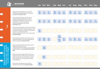 Depunerea Declaratiei privind sumele
rezultate din ajustarea taxei pe valoarea
adaugata (Formular 307)
Depunerea Declaratiei privind taxa pe
valoarea adaugata datorata de catre
persoanele impozabile al caror cod de
inregistrare in scopuri de taxa pe
valoarea adaugata a fost anulat
(Formular 311)
Depunerea Declaratiei privind cifra de afaceri
in cazul persoanelor impozabile pentru care
perioada fiscala este trimestrul calendaristic
si care nu au efectuat achizitii
intracomunitare de bunuri in anul precedent
(Formular 094)
Depunerea Declaratiei informative privind
livrarile/prestarile si achizitiile efectuate pe
teritoriul national (Formular 394)
Ma.
28.2
Iun Iul Sep Oct Nov DecMar MaiFebIan AugApr
Mi.
25.1
Ma.
31.1
TVA
Impozitcuretinerelasursa,
impozitpevenit,contributii
socialesialteobligatii
Depunerea Declaratiei informative privind
impozitul retinut la sursa si
castigurile/pierderile realizate, pe beneficiari
de venit pentru anul precedent (Formular
205)
Depunerea Declaratiei informative privind
impozitul retinut si platit pentru veniturile cu
regim de retinere la sursa/venituri scutite,
pe beneficiari de venit nerezidenti pentru
anul precedent
Depunerea Declaratiei privind venitul
estimat/norma de venit (Formular 220)
Mi.
25.1
Lu.
27.3
Lu.
27.2
Ma.
25.4
Lu.
26.6
Jo.
25.5
Ma.
25.7
Lu.
25.9
Vi.
25.8
Mi.
25.10
Jo.
21.12
Lu.
27.11
Mi.
25.1
Lu.
27.3
Lu.
27.2
Ma.
25.4
Lu.
26.6
Jo.
25.5
Ma.
25.7
Lu.
25.9
Vi.
25.8
Mi.
25.10
Jo.
21.12
Lu.
27.11
Lu.
30.1
Jo.
30.3
Ma.
28.2
Ma.
02.5
Vi.
30.6Ma.
30.5
Lu.
31.7
Lu.
02.10
Mi.
30.8
Lu.
30.10
Ian.
2018
Lu.
04.12
Ma.
28.2
 