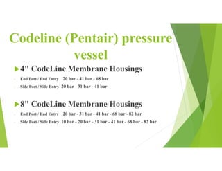 Codeline (Pentair) pressure
vessel
4" CodeLine Membrane Housings
- End Port / End Entry 20 bar - 41 bar - 68 bar
- Side Port / Side Entry 20 bar - 31 bar - 41 bar
8" CodeLine Membrane Housings
- End Port / End Entry 20 bar - 31 bar - 41 bar - 68 bar - 82 bar
- Side Port / Side Entry 10 bar - 20 bar - 31 bar - 41 bar - 68 bar - 82 bar
 