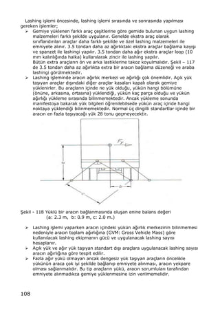 108
Lashing i…lemi ƒncesinde, lashing i…lemi s„ras„nda ve sonras„nda yap„lmas„
gereken i…lemler;
€ Gemiye y†klenen farkl„ ara‡ ‡e…itlerine gƒre gemide bulunan uygun lashing
malzemeleri farkl„ …ekilde uygulan„r. Genelde ekstra ara‡ olarak
s„n„fland„r„lan ara‡lar daha farkl„ …ekilde ve ƒzel lashing malzemeleri ile
emniyete al„n„r. 3.5 tondan daha az a‚„rl„ktaki ekstra ara‡lar ba‚lama kay„…„
ve spanzet ile lashingi yap„l„r. 3.5 tondan daha a‚„r ekstra ara‡lar loop (10
mm kal„nl„‚„nda halka) kullan„larak zincir ile lashing yap„l„r.
B†t†n extra ara‡lar„n ƒn ve arka lastiklerine takoz koyulmal„d„r. •ekil ‹ 117
de 3.5 tondan daha az a‚„rl„kta extra bir arac„n ba‚lama d†zene‚i ve araba
lashingi gƒr†lmektedir.
€ Lashing i…leminde arac„n a‚„rl„k merkezi ve a‚„rl„‚„ ‡ok ƒnemlidir. A‡„k y†k
ta…„yan ara‡lar d„…„ndaki di‚er ara‡lar kasalar„ kapal„ olarak gemiye
y†klenirler. Bu ara‡lar„n i‡inde ne y†k oldu‚u, y†k†n hangi bƒl†m†ne
(ƒn†ne, arkas„na, ortas„na) y†klendi‚i, y†k†n ka‡ par‡a oldu‚u ve y†k†n
a‚„rl„‚„ y†kleme s„ras„nda bilinmemektedir. Ancak y†kleme sonunda
manifestoya bakarak y†k bilgileri ƒ‚renilebilsede y†k†n ara‡ i‡inde hangi
noktaya y†klendi‚i bilinmemektedir. Normal †‡ dingilli standartlar i‡inde bir
arac„n en fazla ta…„yaca‚„ y†k 28 tonu ge‡meyecektir.
•ekil - 118 Y†kl† bir arac„n ba‚lanmas„nda olu…an enine balans de‚eri
(a: 2.3 m, b: 0.9 m, c: 2.0 m.)
€ Lashing i…lemi yaparken arac„n i‡indeki y†k†n a‚„rl„k merkezinin bilinmemesi
nedeniyle arac„n toplam a‚„rl„‚„na (GVM: Gross Vehicle Mass) gƒre
kullan„lacak lashing ekipman„n g†c† ve uygulanacak lashing say„s„
hesaplan„r.
€ A‡„k y†k ve a‚„r y†k ta…„yan standart d„…„ ara‡lara uygulanacak lashing say„s„
arac„n a‚„rl„‚„na gƒre tespit edilir.
€ Fazla a‚„r y†k† olmayan ancak dengesiz y†k ta…„yan ara‡lar„n ƒncelikle
y†k†n†n araca ‡ok iyi …ekilde ba‚lan„p emniyete al„nmas„, arac„n yekpare
olmas„ sa‚lanmal„d„r. Bu tip ara‡lar„n y†k†, arac„n sorumlular„ taraf„ndan
emniyete al„nmad„kca gemiye y†klenmesine izin verilmemelidir.
 
