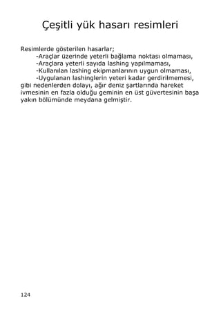 124
‰e…itli y†k hasar„ resimleri
Resimlerde gƒsterilen hasarlar;
-Ara‡lar †zerinde yeterli ba‚lama noktas„ olmamas„,
-Ara‡lara yeterli say„da lashing yap„lmamas„,
-Kullan„lan lashing ekipmanlar„n„n uygun olmamas„,
-Uygulanan lashinglerin yeteri kadar gerdirilmemesi,
gibi nedenlerden dolay„, a‚„r deniz …artlar„nda hareket
ivmesinin en fazla oldu‚u geminin en †st g†vertesinin ba…a
yak„n bƒl†m†nde meydana gelmi…tir.
 