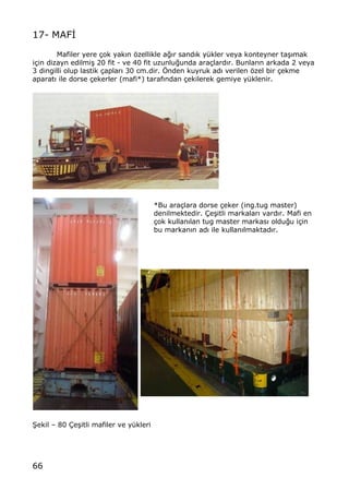 66
17- MAF€
Mafiler yere ‡ok yak„n ƒzellikle a‚„r sand„k y†kler veya konteyner ta…„mak
i‡in dizayn edilmi… 20 fit - ve 40 fit uzunlu‚unda ara‡lard„r. Bunlar„n arkada 2 veya
3 dingilli olup lastik ‡aplar„ 30 cm.dir. ˆnden kuyruk ad„ verilen ƒzel bir ‡ekme
aparat„ ile dorse ‡ekerler (mafi*) taraf„ndan ‡ekilerek gemiye y†klenir.
*Bu ara‡lara dorse ‡eker (ing.tug master)
denilmektedir. ‰e…itli markalar„ vard„r. Mafi en
‡ok kullan„lan tug master markas„ oldu‚u i‡in
bu markan„n ad„ ile kullan„lmaktad„r.
•ekil ‹ 80 ‰e…itli mafiler ve y†kleri
 