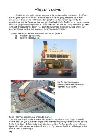 70
Y•K OPERASYONU
Ro-Ro gemilerinde yap„lan operasyonlar ve kazan„lan tecr†beler; IMOŒnun
Ro-Ro gemi operasyonlar„n„n emniyet standartlar„n„ geli…tirmesine de imkan
sa‚lam„…t„r. Bu ama‡la IMO taraf„ndan geli…tirilen standartlar„ i‡eren Ro-Ro
gemilerinde y†k istifleme ve la…hing i…lemleri kod kitab„, Ro-Ro gemi operasyonlar„
boyunca ‡al„…anlar„n ve gemilerin hasar riskini azaltmak i‡in takip edilmesi gereken
emniyet prosed†rlerini i‡erir. Her gemide bulunmas„ gereken bu kod kitab„ y†k
operasyonuna kat„lan t†m personel taraf„ndan okunmal„d„r.
Y†k operasyonunu iki a…amal„ olarak ele almak gerekir.
A) Y†kleme operasyonu.
B) Tahliye operasyonu.
Ro-Ro gemilerinin y†k
operasyonundaki en ƒnemli
eleman„ mafilerdir*.
•ekil ‹ 89 Y†k operasyonu s„ras„nda mafiler.
*Bu ara‡lara ingilizce tug master (dorse ‡eker) denilmektedir. ‰e…itli markalar„
vard„r. Mafi en ‡ok kullan„lan tug master markas„ oldu‚u i‡in bu markan„n ad„ ile
kullan„lmaktad„r. Bƒlgemizde faaliyet gƒsteren t†m Ro-Ro gemilerinde ve liman
i…letmelerinde bu araca mafi denilmektedir. Bu nedenle bu kitaptaŒda tug master
yerine mafi kullan„lm„…t„r.
 