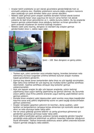 86
? Ara‡lar belirli aral„klarla ve seri olarak g†vertelere gƒnderildi‚inde h„zl„ ve
emniyetli y†kleme olur. ˆzellikle y†klemenin sonuna do‚ru ara‡lar„n manevra
alan„ azalaca‚„ i‡in park etmeleri daha uzun zaman alacakt„r.
? Nƒbetci zabit gemiye giren ara‡lar„ ƒzellikle dorseleri fiziksel olarak kontrol
eder. Ara‡larda hasar veya uygunsuz bir durum varsa hemen not alarak
y†kleme ile ilgili liman gƒrevlilerine ve 1. zabite durumu bildirir. Bu tip ara‡larda
hasar„n gemiye y†klenmeden ƒnce oldu‚unu belirten ve liman gƒrevlileri ile
gemi aras„nda imzalanan bir kontrol tutana‚„ imzalan„r.
? Nƒbetci zabit y†k† kaym„…, dengesiz ve standart d„…„ ara‡lar„ gemiye
gƒndermeden ƒnce 1. zabite rapor eder.
•ekil ‹ 100 Baz„ dengesiz ve geni… y†kler.
? Tentesi a‡„k, y†k† yanlardan veya arkadan ta…m„…, brandas„ tamamen neta
edilmemi… ve/veya r†zgardan y„rt„lma tehlikesi bulunan ara‡lar mutlaka
kapal„ g†vertelere gƒnderilir.
? Gemiye bo… olarak binen tankerlerden daha ƒnce ne y†k ta…„d„‚„ sorulmal„d„r.
E‚er daha ƒnce tehlikeli bir y†k ta…„m„… ise mutlaka tank„n gasfree sertifikas„
istenmelidir. Gasfree sertifikas„ olmayan bo… tankerler gemiye
y†klenmemelidir.
? A‡„k y†k ta…„yan ara‡lar ile a‚„r y†k ta…„yan ara‡larda, y†k†n lashingi
yap„lmam„… veya uygun lashing yap„lmam„… ise gemiye al„nmaz. Bu durumda
arac„n …ƒfƒr† veya firma yetkilisi aranarak uygun lashing yapt„r„ld„ktan sonra
gemiye y†klenir.
? Komple binen ara‡lar„n yak„t deposundan yak„t s„z„nt„s„ veya depo kapa‚„ndan
ka‡„rma varsa ara‡ …ƒfƒr† bilgilendirilip s„z„nt„ ve yak„t ka‡a‚„ durdurulmadan
gemiye y†klenmez.
? Ara‡lar rampadan ge‡erken ‡ekicinin ƒn k„s„mlar„, dorse ayaklar„, yak„t
tanklar„ ve tamponlar„n„n rampaya temas etmemesi i‡in kontroll† olarak i‡eri
al„n„r ve neta oluncaya kadar takip edilir.
? Her bir araca gidece‚i g†verte bildirilir ve yanl„… g†verteye gitmemesi i‡in
gƒnderilen g†verteye girinceye kadar takip edilir.
? Kendi …ƒfƒr† taraf„ndan gemiye y†klenen komple ara‡larda gƒr†len hasarlar
gƒr†ld†‚† anda …ƒfƒr†ne bildirilmeli ve …ƒfƒr†n hasardan haberdar oldu‚unun
teyidi al„nmal„d„r. Tahliye liman„nda sƒzkonusu arac„n …ƒfƒr† arac„nda bulunan
hasar„n gemide oldu‚unu iddia edebilir.
 