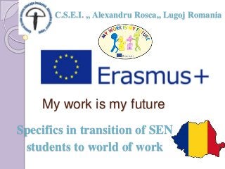My work is my future
Specifics in transition of SEN
students to world of work
C.S.E.I. ,, Alexandru Rosca,, Lugoj Romania
 
