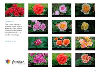84
CALENDAR
Great looking calendar in
landscape format. Sizes A4,
A3 and A2. These are sold
exclusively on the plattform
meinbildkalender.de. Just
click the fotobar Logo.
FROM € 15,90
MeinBildKalender.de
 