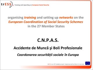 organising training and setting up networks on the
European Coordination of Social Security Schemes
              in the 27 Member States


                   C.N.P.A.S.
   Accidente de Muncă şi Boli Profesionale
      Coordonarea securităţii sociale în Europa
 