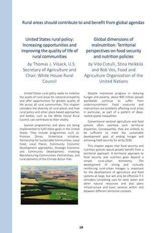 Cities and regions –
Connected by water in mutual
dependency
by Peter C.G. Glas,
Chairman, OECD Water
Governance Initiative,
Chairman, Water Board De
Dommel (Netherlands)
This chapter argues that cities and regions
have a crucial role to play in facing existing and
future challenges of managing water –
whether too much, too little or too polluted.
While no blueprint exists on how water
challenges are to be met, inaction is certainly
not an option. On the contrary, there is
momentum to move from vision to action
towards the implementation of the global
agenda to 2030, which aims, amongst other
things, to “ensure availability and sustainable
management of water and sanitation to all”.
The chapter argues that there is room for
better efficiency and inclusiveness when
connecting between territorial scales and
water boundaries as well as across water-
related policies. The OECD Principles on Water
Governance provide a framework to set and
implement water policies across levels of
government that contribute to better lives.
Response to the Paris Climate
Accord: Scaling up green
projects from a bottom-up
perspective
by Christophe Nuttall,
Executive Director, R20
Regions of Climate Action
The Paris Accord and the 2030 Sustainable
Development Goals (SDGs) call for a massive
scaling up of green projects. However, such
infrastructure investments are not achievable
without private financing.
Over the last few years, R20 Regions of
Climate Action has been working to address
this gap by collaborating with the regional and
local decision makers, technology companies
and investors to develop bankable projects in
different areas of the green economy from
energy generation to waste management.
This chapter highlights several programmes
and financial instruments, including novel pre-
investment facilities being used to implement
projects worldwide in support of these new
global targets.
Water governance and green finance require all levels of government
and the private sector to work together
17
 