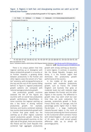 Regions with high productivity growth are
located in countries with fast-growing frontiers.
Productivity growth can be broken out as both
the pulling effect of the national frontier and the
region’s own catching-up dynamics (Box 1). Most
of the 50 fastest growing regions across the
OECD have benefited from the potential pulling
effect of the frontier region(s) to which they
have converged. Many Polish regions, for
example, experienced strong productivity
growth alongside that of the country’s frontier.
Only in Portugal and the United States is the
frontier effect relatively small.
In contrast, for the bottom 50 regions, most
of their poor productivity performance is the
combined result of the poor performance of the
national frontier region(s) and the lack of
catching up. The notable exceptions are regions
in the bottom 50 from Canada, Australia and the
Netherlands that performed poorly due mainly
to the lack of catching-up effects.
Rather than curtailing the performance of the
high productivity (frontier) regions, policies
should aim to encourage diffusion. Greater
London (1.3%) and Île de France (Paris, 1.15%)
are frontiers in their respective countries.
Nevertheless, 12 out of 22 French regions are
among the 50 fastest diverging OECD regions as
opposed to only 2 out of 12 UK regions. Both
cases show how important it is to consider the
system of regions when analysing and designing
policies for regional convergence.
Regions falling further behind,
where one in four people of the
OECD live, would need to
quadruple their growth rates to
catch up by 2050
If productivity growth rates do not change,
catching-up regions will close the gap to their
frontier, on average, by 2050. But without a
change, this also means that during the same
period diverging regions will have fallen to about
50% of the productivity in the frontier. To close
the gap in the next 34 years, diverging regions
would need to increase average labour
productivity growth to 2.8% per year, quadruple
the current rate.
High-productivity regions can, but do not always, spur catching up
across the economy
A simple and often used way to measure the
performance of a given region is to assess
whether it grows faster than the country
average. However, this measure can be quite
misleading. A country’s full productivity
potential is often better captured by
considering its top-performing “frontier”, with
other regions potentially benefiting from
innovations produced there.
A concise measure for the “catching up” of a
region is the ratio between its own productivity
growth and the productivity growth in the
country’s frontier. The ratio measures by how
much the “gap” between the frontier and the
region has narrowed (or widened). Assuming
that both regions produce with constant
returns to scale, i.e. a doubling of inputs leads
to a doubling of output, the “gap” has two
interpretations. It conveys how much more the
frontier region would produce with the same
input as the other region, and the inverse
captures how much less factor inputs the
frontier would have required to produce the
same amount of output as the other region.
These calculations are then used to derive
the categories of regions based on their
productivity performance. To avoid threshold
effects around the value of 1 for the catching-
up indicator, “catching-up regions” are defined
as outgrowing the frontier by 5 percentage
points and “diverging regions” as growing more
slowly than the frontier by at least 5 percentage
points between 2000 and 2013. Regions that
are “keeping pace” are within a +/- 5
percentage points band of the frontier.
Box 1. How to define “catching-up” dynamics
6
 