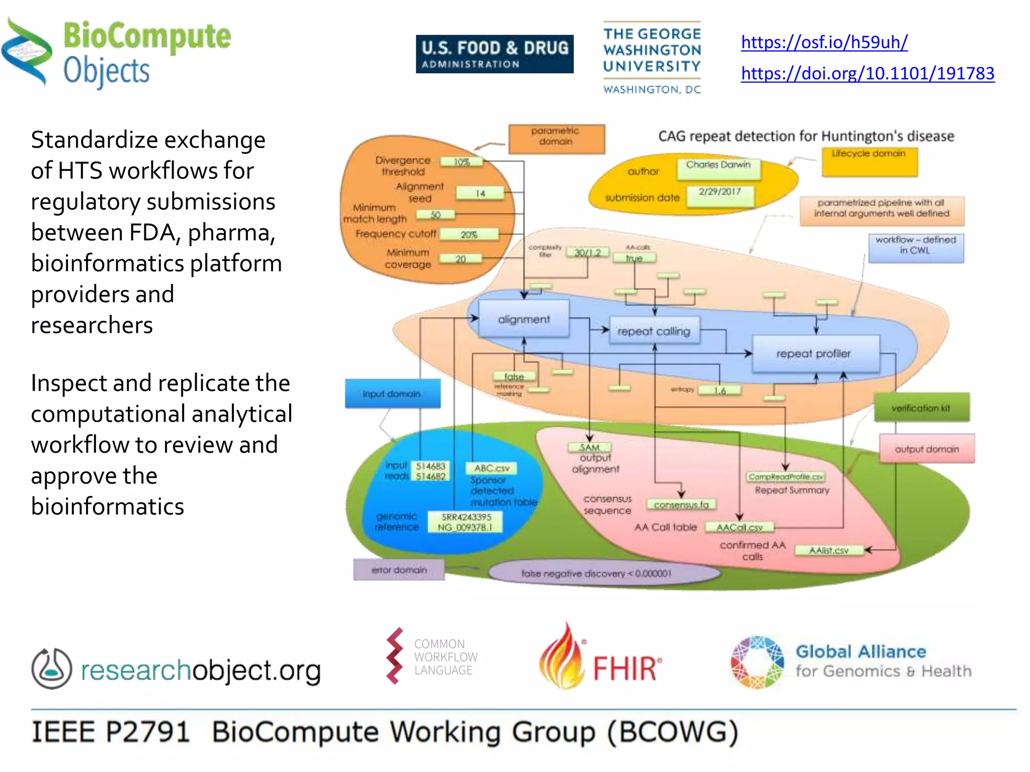 https://osf.io/h59uh/
https://doi.org/10.1101/191783
Inspect and replicate the
computational analytical
workflow to review and
approve the
bioinformatics
Standardize exchange
of HTS workflows for
regulatory submissions
between FDA, pharma,
bioinformatics platform
providers and
researchers
 