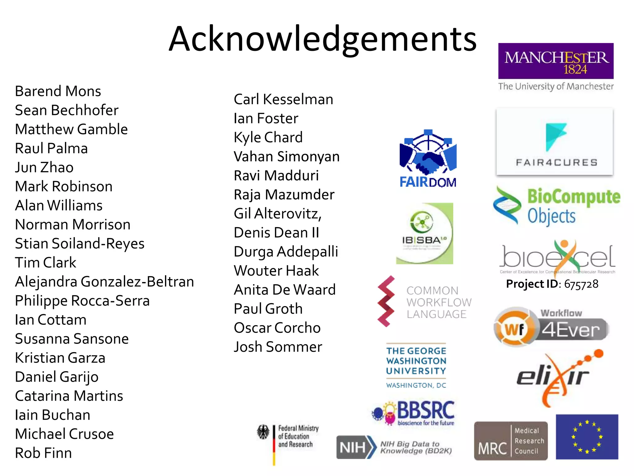 Acknowledgements
Barend Mons
Sean Bechhofer
Matthew Gamble
Raul Palma
Jun Zhao
Mark Robinson
AlanWilliams
Norman Morrison
Stian Soiland-Reyes
Tim Clark
Alejandra Gonzalez-Beltran
Philippe Rocca-Serra
Ian Cottam
Susanna Sansone
KristianGarza
Daniel Garijo
Catarina Martins
Iain Buchan
Michael Crusoe
Rob Finn
Carl Kesselman
Ian Foster
Kyle Chard
Vahan Simonyan
Ravi Madduri
Raja Mazumder
GilAlterovitz,
Denis Dean II
Durga Addepalli
Wouter Haak
Anita De Waard
Paul Groth
Oscar Corcho
Josh Sommer
Project ID: 675728
 