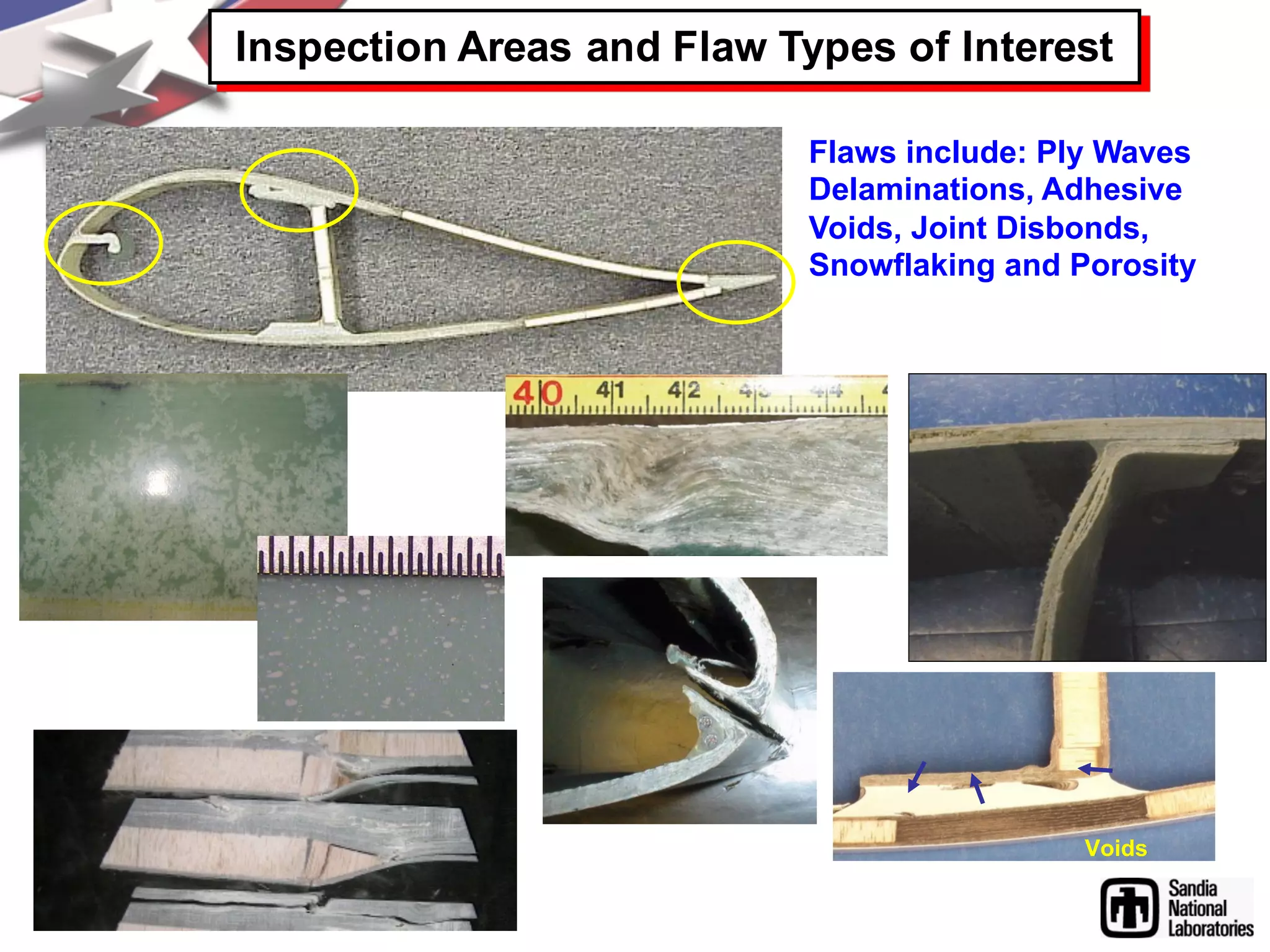 VoidsVoids
Inspection Areas and Flaw Types of Interest
Flaws include: Ply Waves
Delaminations, Adhesive
Voids, Joint Disbonds,
Snowflaking and Porosity
 