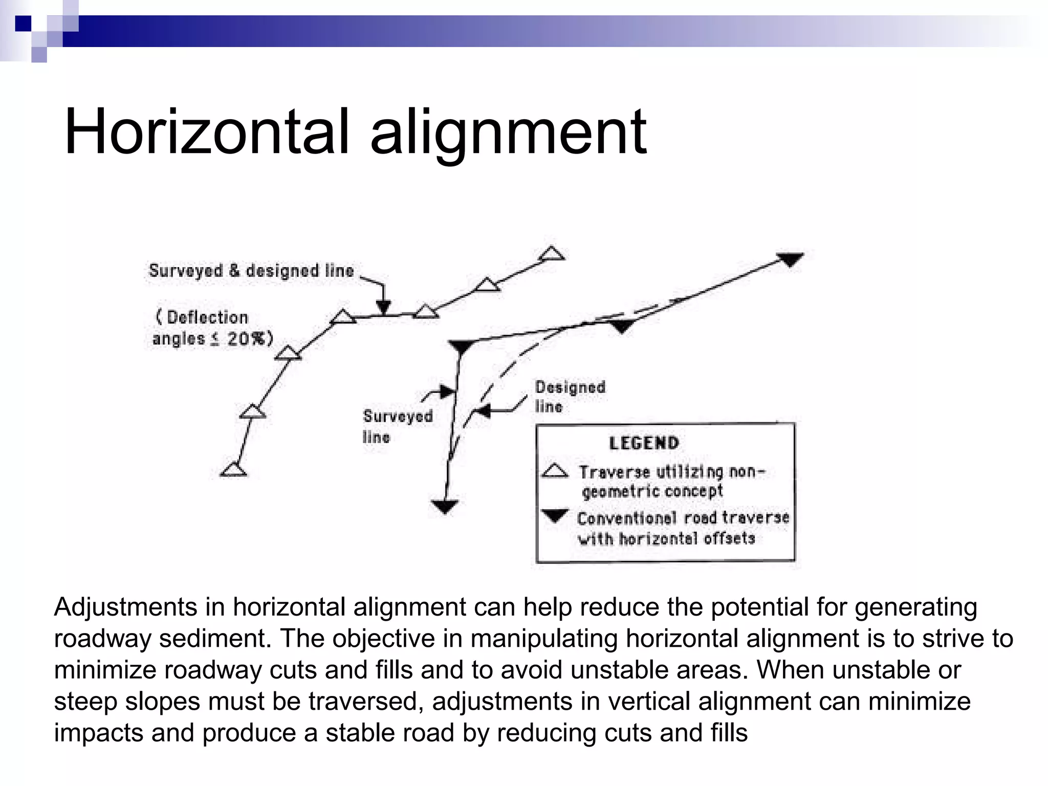 Horizontal alignment Adjustments in horizontal alignment can help reduce the potential for generating roadway sediment. The objective in manipulating horizontal alignment is to strive to minimize roadway cuts and fills and to avoid unstable areas. When unstable or steep slopes must be traversed, adjustments in vertical alignment can minimize impacts and produce a stable road by reducing cuts and fills  