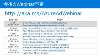 ճ () ȥԥå
3/7(ľ)
13:30-14:30
󥢥ȥ`g֤򤱤Բ߶
Enterprise strategy towards modern access control
3/20(ˮ)
13:30-14:30
ԔhAzure AD  - ˽Mߤ⤹뾎
Azure AD Conditional Access deep dive - How it works
4/4(ľ)
13:30-14:30
ԔhAzure AD  - OӋΤ귽
Azure AD Conditional Access deep dive - Design methodology
4/18(ľ)
13:30-14:30
Azure AD ¤ǥХѥ`⤷褦
Modern device management with Azure AD
5/9 (ľ)
13:30-14:30
IntuneˤХǥХȥץΥ奢ʹȤ
Manage and secure mobile devices and apps with Intune
5/16(ľ)
13:30-14:30
Hybrid Azure AD Join ˽Mߤص׽h
Hybrid Azure AD Join deep dive
Webinar趨
http://aka.ms/AzureAdWebinar
 