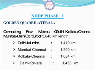 NHDP PHASE - I <ul><li>GOLDEN QUADRILATERAL : </li></ul><ul><li>Connecting Four Metros “Delhi-Kolkata-Chennai-Mumbai-Delhi...