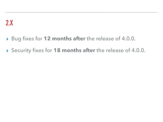 2.X
▸ Bug ﬁxes for 12 months after the release of 4.0.0.
▸ Security ﬁxes for 18 months after the release of 4.0.0.
 
