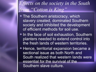 Effects on the society in the South from “Cotton is King” The Southern aristocracy, which slavery created, dominated Southern society and inhibited the development of efficient methods for soil use. In the face of soil exhaustion, Southern planters needed to extend control into the fresh lands of western territories.  Hence, territorial expansion became a sectional issue as both North and South realized that western lands were essential for the survival of the Southern slave culture. 