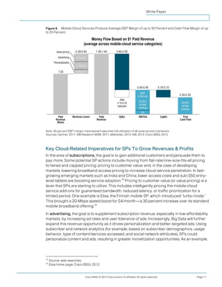 White Paper



Figure 6. Mobile-Cloud Services Produce Average EBIT Margin of up to 30 Percent and Cash Flow Margin of up
to 25 Percent.




Note: 30 percent EBIT margin improvement assumes full utilization of all revenue and cost levers.
Sources: Gartner, 2011; ABI Research M2M, 2011; eMarketer, 2012; IAB, 2012; Cisco IBSG, 2012




Key Cloud-Related Imperatives for SPs To Grow Revenues & Profits
In the area of subscriptions, the goal is to gain additional customers and persuade them to
pay more. Some potential SP actions include moving from flat-rate/one-size-fits-all pricing
to tiered and capped pricing; pricing to customer value; and, in the case of developing
markets, lowering broadband access pricing to increase cloud-service penetration. In fast-
growing emerging markets such as India and China, lower access costs and sub-$50 entry-
level tablets are boosting service adoption.15 Pricing to customer value (or value pricing) is a
lever that SPs are starting to utilize. This includes intelligently pricing the mobile-cloud
service add-ons for guaranteed bandwidth, reduced latency, or traffic prioritization for a
limited period. One example is Elisa, the Finnish mobile SP, which introduced “turbo mode.”
This brought a 20-Mbps speed boost for $4/month—a 30 percent increase over its standard
mobile broadband offering.16
In advertising, the goal is to supplement subscription revenue, especially in low-affordability
markets, by increasing ad rates and user tolerance of ads. Increasingly, Big Data will further
expand this revenue opportunity as it drives personalization and better-targeted ads. Using
subscriber and network analytics (for example, based on subscriber demographics, usage
behavior, type of content/services accessed, and social network attributes), SPs could
personalize content and ads, resulting in greater monetization opportunities. As an example,




15
     Source: web searches.
16
     Elisa home page; Cisco IBSG, 2012.


                              Cisco IBSG © 2013 Cisco and/or its affiliates. All rights reserved.   Page 11
 