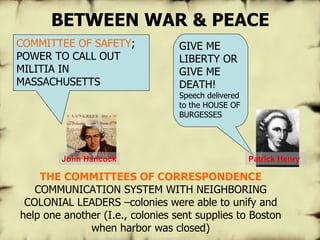 BETWEEN WAR & PEACE COMMITTEE OF SAFETY ; POWER TO CALL OUT MILITIA IN MASSACHUSETTS GIVE ME LIBERTY OR GIVE ME DEATH!  Speech delivered to the HOUSE OF BURGESSES THE COMMITTEES OF CORRESPONDENCE   COMMUNICATION SYSTEM WITH  NEIGHBORING COLONIAL LEADERS  –colonies were able to unify and help one another (I.e., colonies sent supplies to Boston when harbor was closed) John Hancock Patrick Henry 