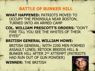 WHAT HAPPENED:  PATRIOTS MOVED TO OCCUPY THE PENINSULA NEAR BOSTON; TURNED INTO AN ARMED CAMP COL. WILLIAM PRESCOTT’S ORDERS:  “DON’T FIRE TILL YOU SEE THE WHITES OF THEIR EYES!” BRITISH GENERAL WILLIAM HOWE: BRITISH GENERAL; WITH 2200 MEN FORMED ASSAULT LINES; RETOOK BREEDS HILL & BUNKER HILL AFTER 2 ND  ATTEMPT (PATRIOTS HAD RUN OUT OF GUN POWDER) WINNER:  THE BRITISH  BATTLE OF BUNKER HILL 