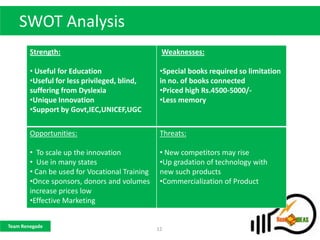 SWOT Analysis
        Strength:                                Weaknesses:

        • Useful for Education                   •Special books required so limitation
        •Useful for less privileged, blind,      in no. of books connected
        suffering from Dyslexia                  •Priced high Rs.4500-5000/-
        •Unique Innovation                       •Less memory
        •Support by Govt,IEC,UNICEF,UGC

        Opportunities:                           Threats:

        • To scale up the innovation             • New competitors may rise
        • Use in many states                     •Up gradation of technology with
        • Can be used for Vocational Training    new such products
        •Once sponsors, donors and volumes       •Commercialization of Product
        increase prices low
        •Effective Marketing


Team Renegade
                                                12
 