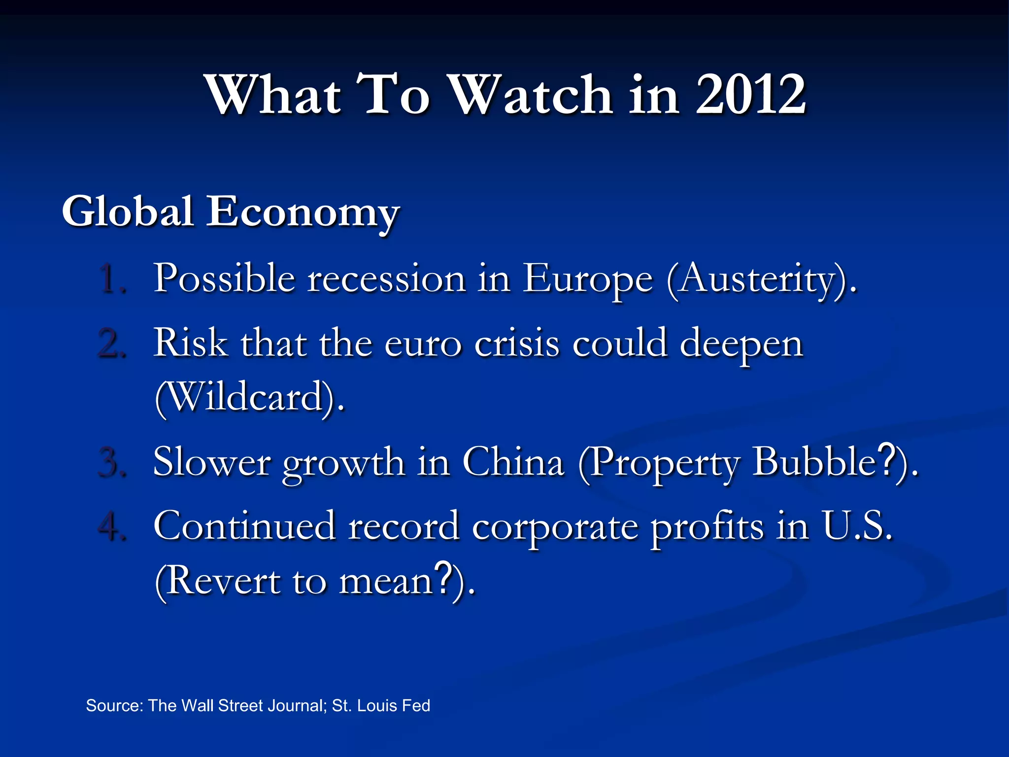 What To Watch in 2012
Global Economy
  1. Possible recession in Europe (Austerity).
  2. Risk that the euro crisis could deepen
     (Wildcard).
  3. Slower growth in China (Property Bubble?).
  4. Continued record corporate profits in U.S.
     (Revert to mean?).

 Source: The Wall Street Journal; St. Louis Fed
 