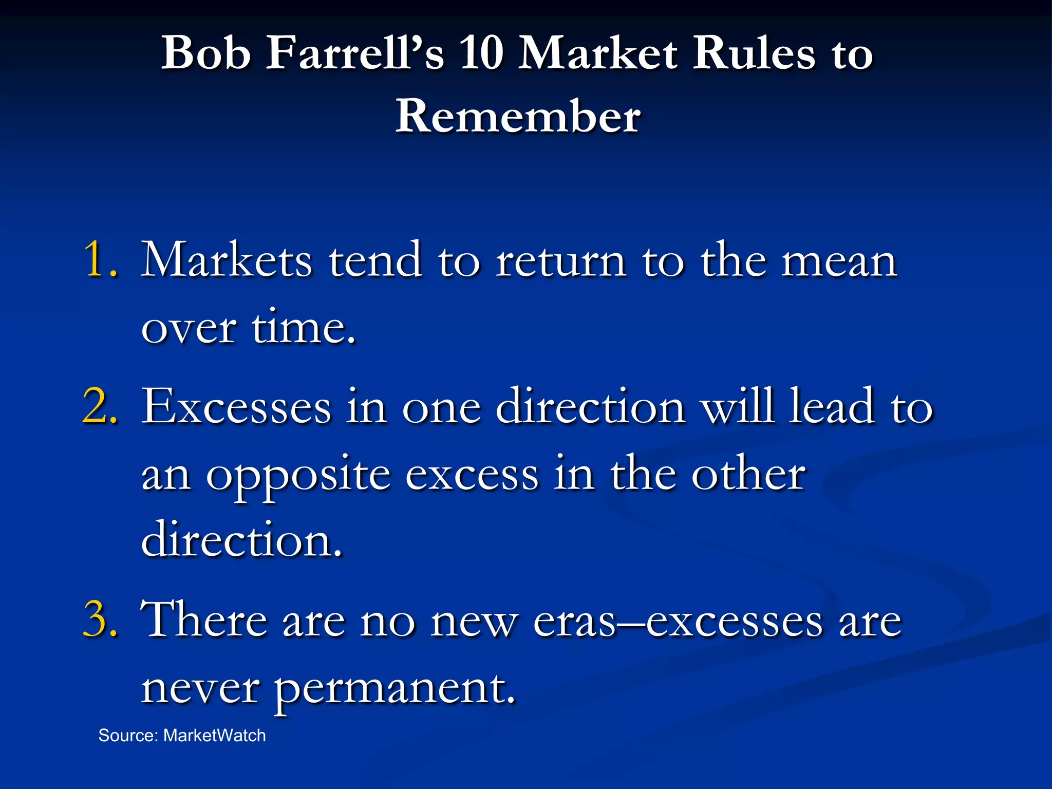 Bob Farrell’s 10 Market Rules to
                Remember

1. Markets tend to return to the mean
   over time.
2. Excesses in one direction will lead to
   an opposite excess in the other
   direction.
3. There are no new eras–excesses are
   never permanent.
Source: MarketWatch
 