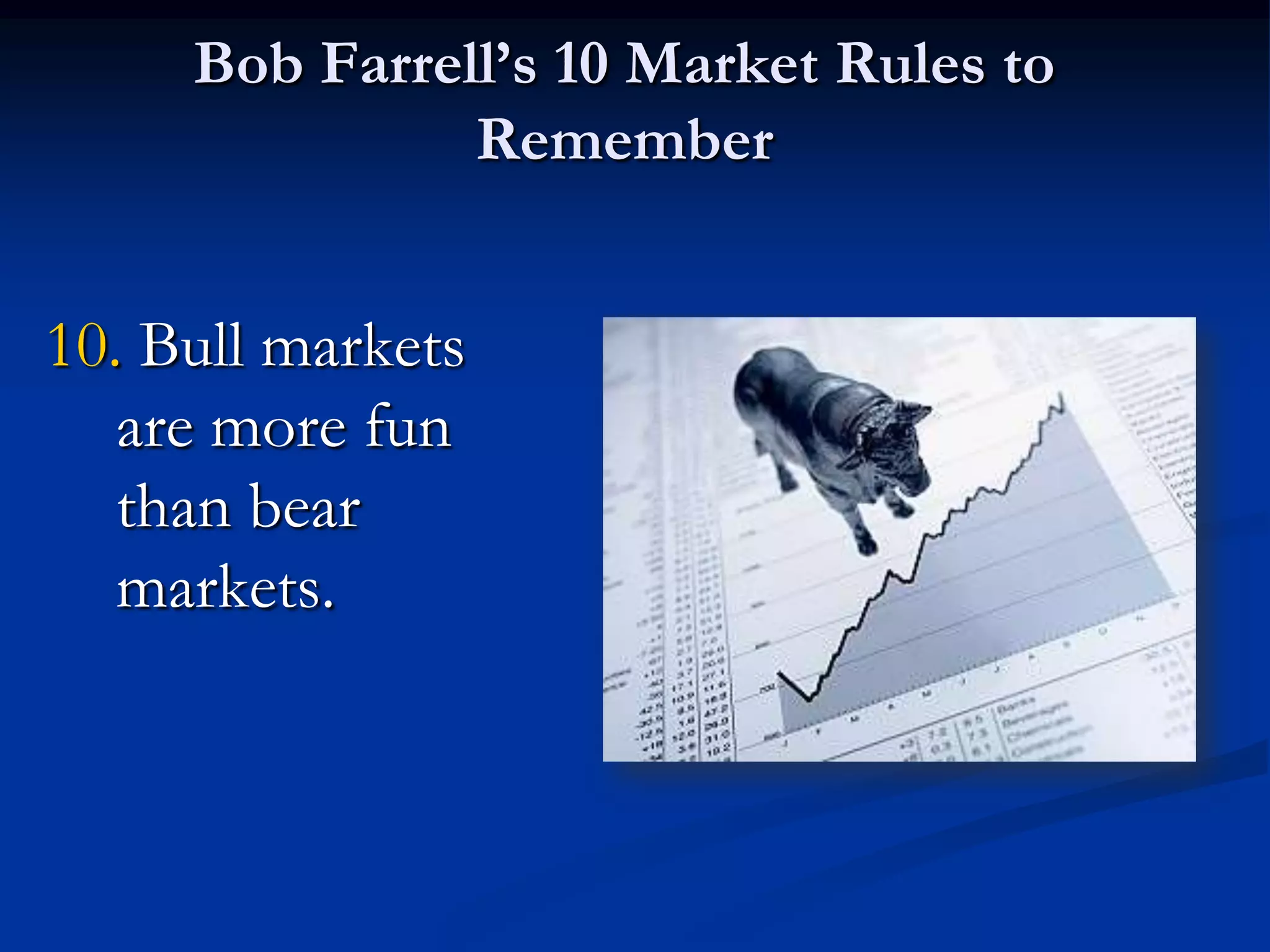 Bob Farrell’s 10 Market Rules to
                  Remember


10. Bull markets
   are more fun
   than bear
   markets.



  Source: MarketWatch
 