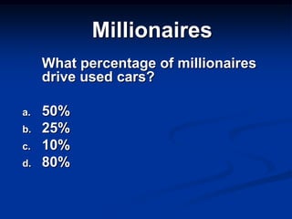 Millionaires
     What percentage of millionaires
     drive used cars?

a.   50%
b.   25%
c.   10%
d.   80%
 