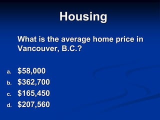 Housing
     What is the average home price in
     Vancouver, B.C.?

a.   $58,000
b.   $362,700
c.   $165,450
d.   $207,560
 