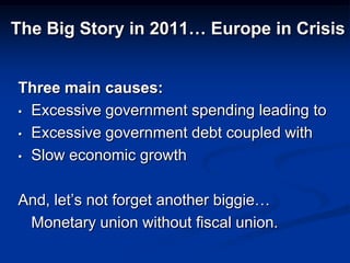 The Big Story in 2011… Europe in Crisis


Three main causes:
• Excessive government spending leading to

• Excessive government debt coupled with

• Slow economic growth



And, let’s not forget another biggie…
 Monetary union without fiscal union.
 