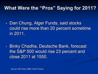 What Were the “Pros” Saying for 2011?


•   Dan Chung, Alger Funds, said stocks
    could rise more than 20 percent sometime
    in 2011.

•   Binky Chadha, Deutsche Bank, forecast
    the S&P 500 would rise 23 percent and
    close 2011 at 1550.

    Sources: USA Today; CNBC; Yahoo! Finance
 
