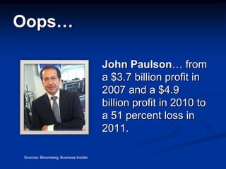 Oops…

                                       John Paulson… from
                                       a $3.7 billion profit in
                                       2007 and a $4.9
                                       billion profit in 2010 to
                                       a 51 percent loss in
                                       2011.

Sources: Bloomberg; Business Insider
 