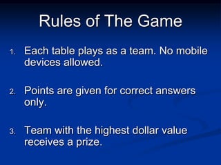 Rules of The Game
1.   Each table plays as a team. No mobile
     devices allowed.

2.   Points are given for correct answers
     only.

3.   Team with the highest dollar value
     receives a prize.
 